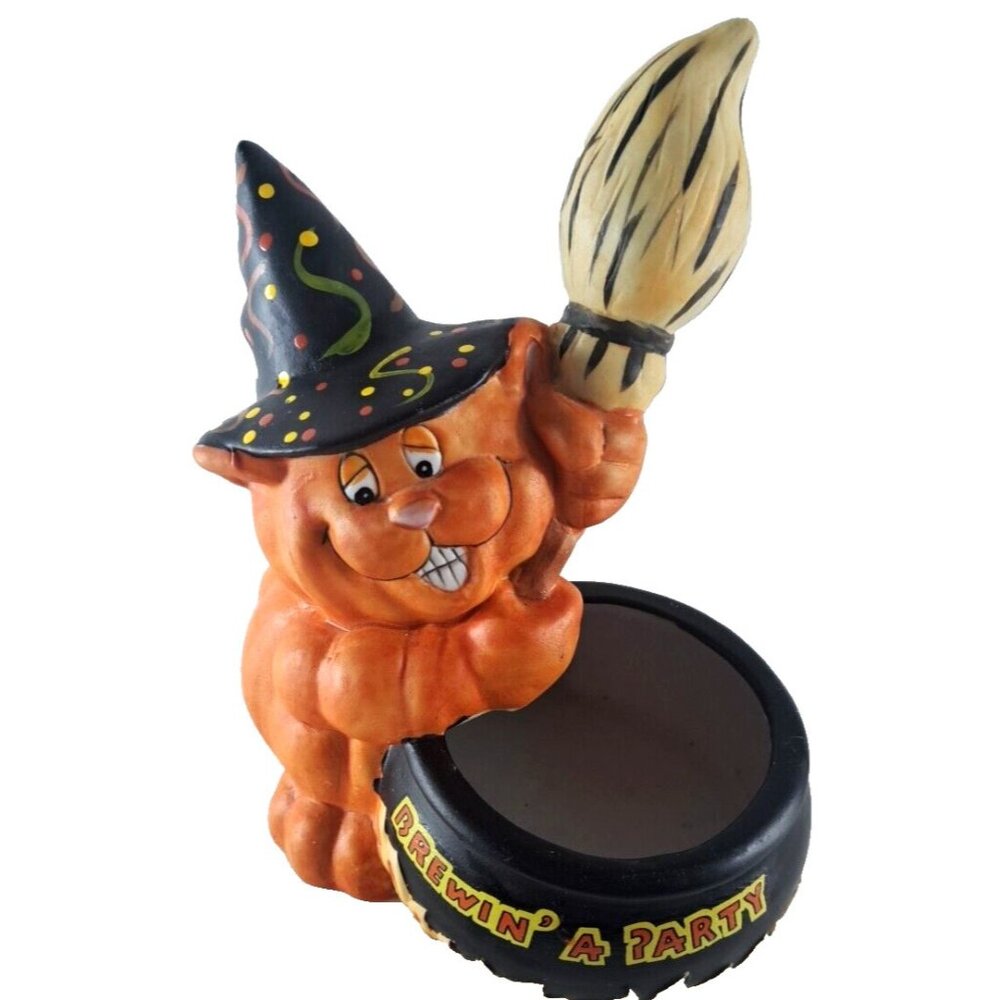 Vintage Design House Halloween Witch Orange Cat Figure Bowl Brewin A Party 7"